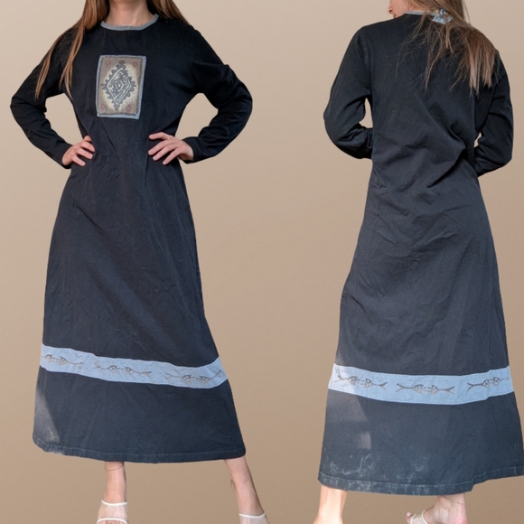 Vintage Blue Cactus 100% Pre Shrunk Cotton Maxi Dress With Southwestern Design - Picture 2 of 9